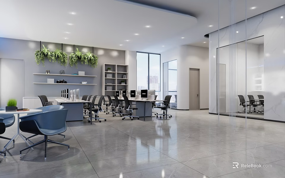 Modern Public Office Space With Open Layout Ergonomic Workstations Green Plant Shelves And Glass Partitions 3d model 