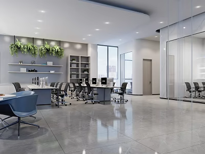 Modern Public Office Space With Open Layout Ergonomic Workstations Green Plant Shelves And Glass Partitions 3d model