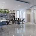 Modern Public Office Space With Open Layout Ergonomic Workstations Green Plant Shelves And Glass Partitions
