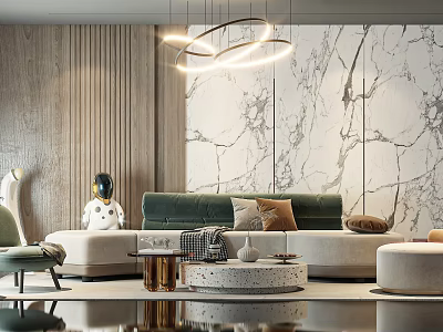 Green Velvet Sofa and Coffee Table Set with Cushions Modern Pendant Lights and Marble Wall 3d model