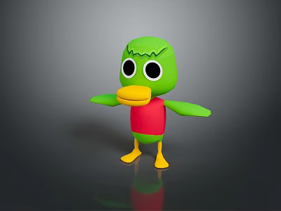 Cute 3D Green Cartoon Duck With Big Eyes Yellow Beak And Red Vest 3d model