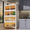 Modern White Kitchen Storage Rack With Illuminated Shelves Grey Cabinets And Kitchen Items 3d model