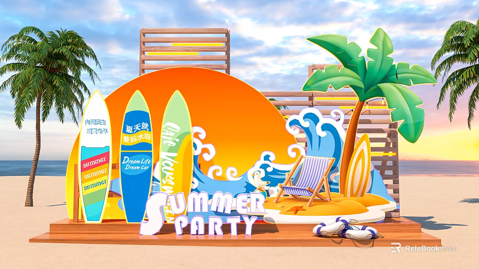 Summer Party Beach Setup With Surfboards Palm Trees Beach Chair And Wave Backdrop 3d model 
