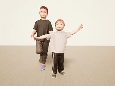 Two Young Boys Standing With Arms Outstretched Against Light Colored Background And Carpeted Floor 3d model