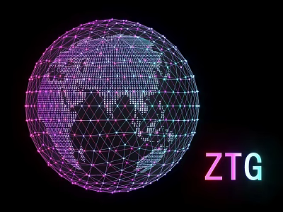 Art Installation with Wireframe Globe in Purple Pink Hues on Black featuring Neon ZTG Lettering 3d model