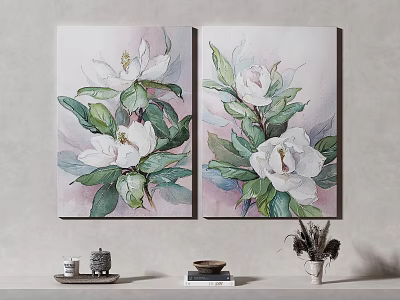 Two Panel Watercolor Botanical Paintings With White Flowers And Green Leaves On Wall 3d model