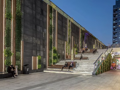 Modern Staircase With Living Plant Walls Gray Walls And People Sitting On Steps 3d model