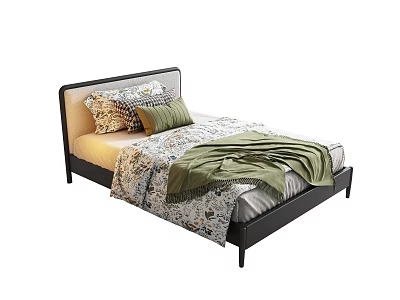 Modern Single Bed With Black Gray Headboard And Patterned Bedding Green Blanket Pillows 3d model