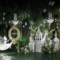 Enchanting Banquet Hall With Green Vine Backdrop Moon Decoration Golden LOGO And Mini House Decor
