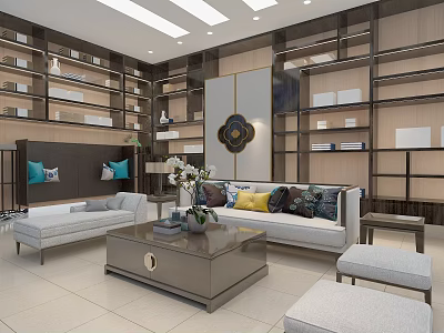 Elegant New Chinese Style Living Room With Full Wall Storage Shelves And Comfortable Sofa Set 3d model