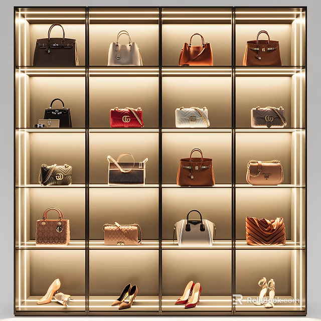 Display Shelves with Various Stylish Handbags Neatly Arranged in Store 3d model 