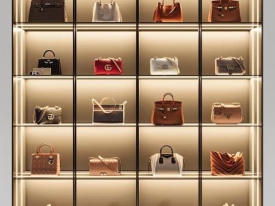 Display Shelves with Various Stylish Handbags Neatly Arranged in Store 3d model