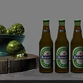 Four Heineken Beer Bottles With Green Bowl Of Fresh Artichokes On Rustic Wooden Plank