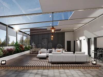 Modern Home Balcony Design With Glass Roof Wooden Flooring And Gray Sofa 3d model