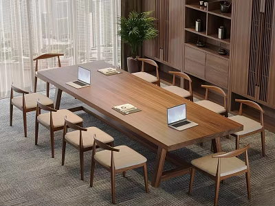 Wooden Conference Table With Laptops Documents And Chairs Near Window Plant 3d model