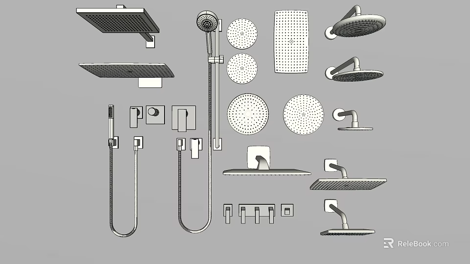 Various Shower Head Components Including Round Square Designs Handheld Sprayers and Controls 3d model