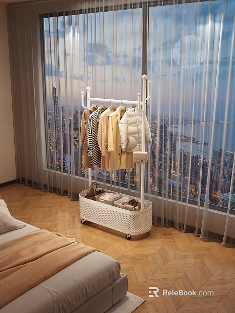 Stylish Clothes Hanging On Portable Rack With Storage Basket By Window City View 3d model 