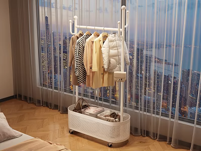 Stylish Clothes Hanging On Portable Rack With Storage Basket By Window City View 3d model