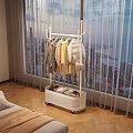 Stylish Clothes Hanging On Portable Rack With Storage Basket By Window City View
