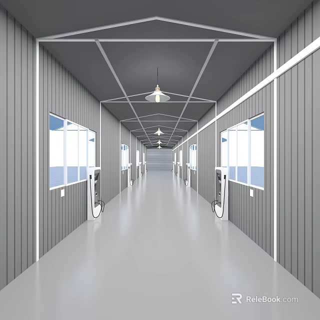 Modern Corridor With Gray Walls Windows Pendant Lights White Devices Sleek Floor 3d model 