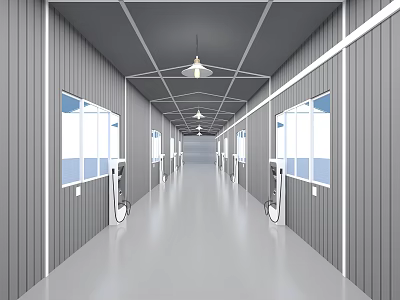 Modern Corridor With Gray Walls Windows Pendant Lights White Devices Sleek Floor 3d model