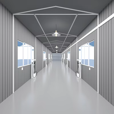 Modern Corridor With Gray Walls Windows Pendant Lights White Devices Sleek Floor 3d model