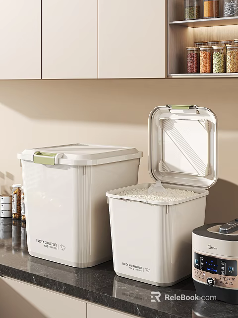 White Lidded Kitchen Storage Containers For Rice And Dry Food 3d model 
