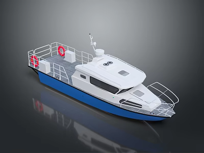 Modern White And Blue Motorboat With Railing Lifebuoy And Antenna On Deck 3d model