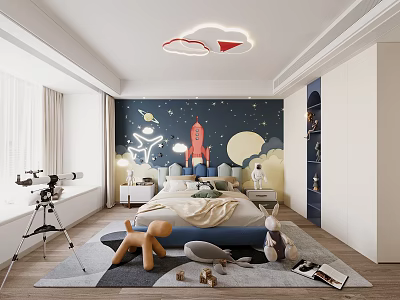 Kids Bedroom Interior With Starry Wall Rocket Decor Cloud Lamp And Toys 3d model
