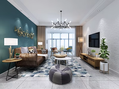 Modern Living Room Featuring Teal Wall White Brick Wall Brown Sofa And Geometric Rug 3d model