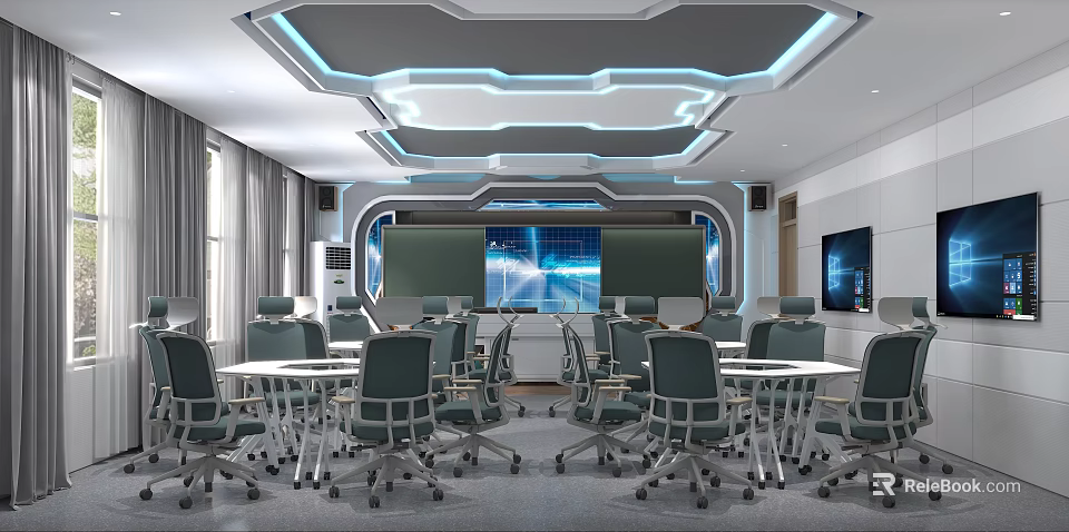 Modern School Classroom With Tech Screens Blue Lighting And Student Desks 3d model 