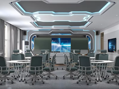 Modern School Classroom With Tech Screens Blue Lighting And Student Desks 3d model