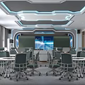 Modern School Classroom With Tech Screens Blue Lighting And Student Desks