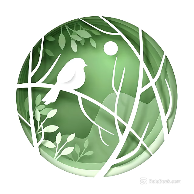 Green Circular Artwork With White Bird Tree Branches Leaves And Moon 3d model 