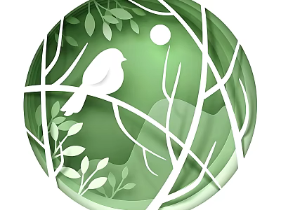 Green Circular Artwork With White Bird Tree Branches Leaves And Moon 3d model