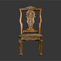 Vintage Wooden Leisure Chair With Ornate Carved Backrest And Patterned Upholstery Seat