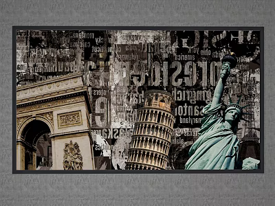 World Famous Landmarks Artwork Collage With Statue of Liberty Eiffel Tower And Typography 3d model