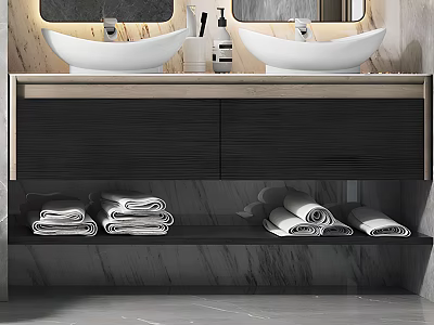 Modern Bathroom Interior With Double White Sinks Black Cabinet And Folded Towels On Marble Shelf 3d model