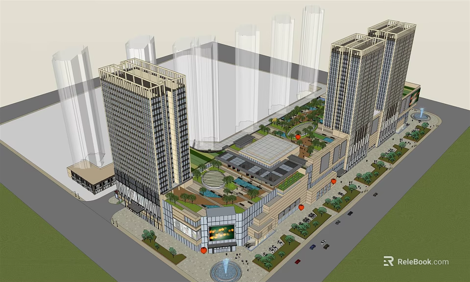 Modern Commercial Complex With High Rise Buildings Shopping Mall Green Areas Fountain And Parking Lot 3d model 