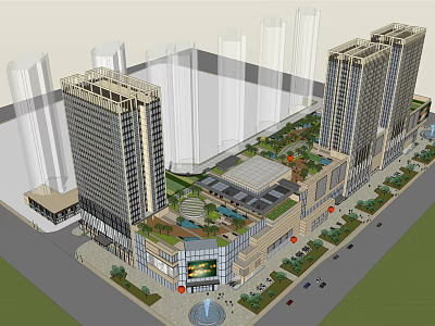 Modern Commercial Complex With High Rise Buildings Shopping Mall Green Areas Fountain And Parking Lot 3d model