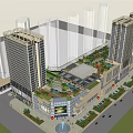 Modern Commercial Complex With High Rise Buildings Shopping Mall Green Areas Fountain And Parking Lot