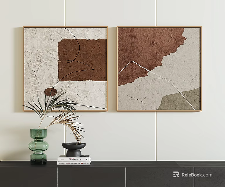 Two Abstract Paintings In Wooden Frames With Green Plant And Decorative Objects 3d model