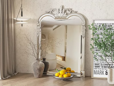 Ornate Decorative Mirror in Modern Interior With Vases Lemons Plate Pendant Light and Curtains 3d model