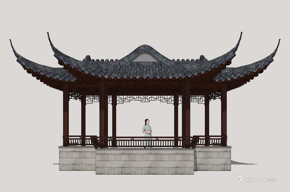 Traditional Chinese Pavilion With Black Tiled Roof And Wooden Structure Design 3d model 