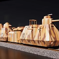 Doll Figure on Camouflage Model Train with Multiple Carriages on Track