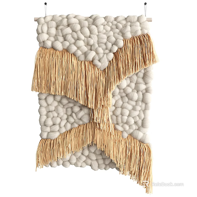 Boho Style Handmade Wall Hanging With Cream Pom poms And Natural Tassels For Home Decor 3d model 