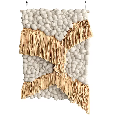 Boho Style Handmade Wall Hanging With Cream Pom poms And Natural Tassels For Home Decor 3d model