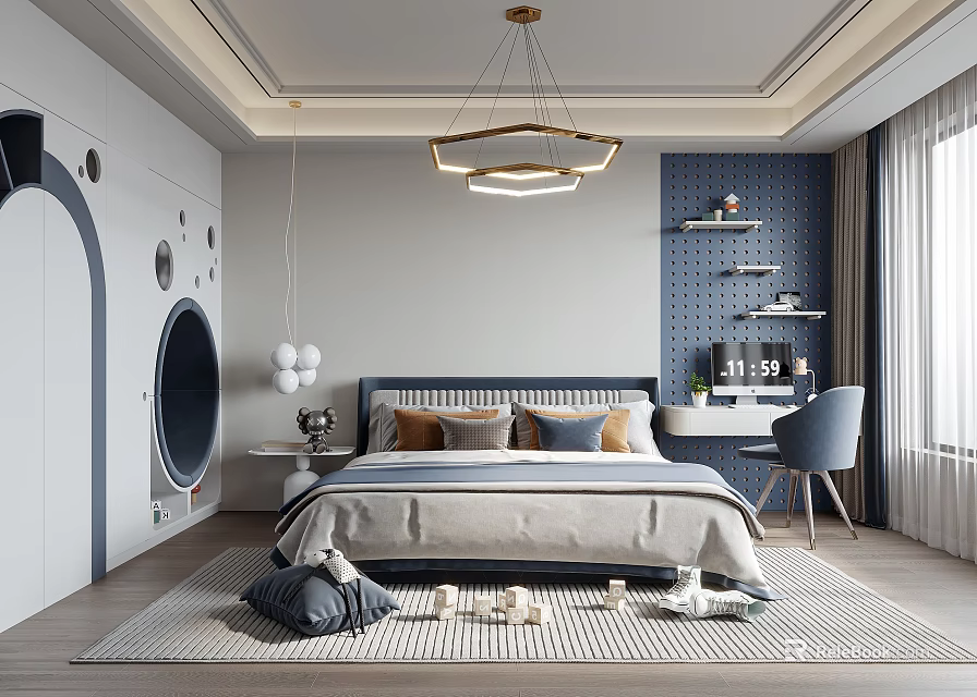 Modern Elegant Kids Room Interior With Bed Desk Chair Round Window Chandelier Rug And Toys 3d model 