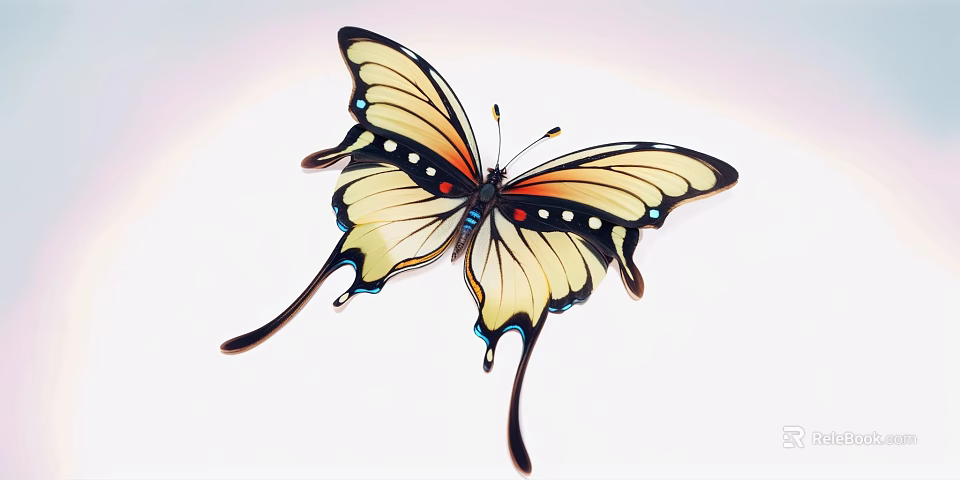 Vibrant Yellow And Black Butterfly With Red Spots On Wings And Long Tail Flying Gracefully 3d model 