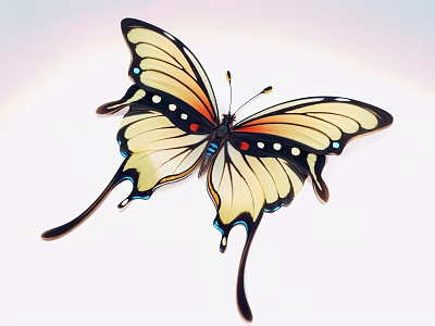 Vibrant Yellow And Black Butterfly With Red Spots On Wings And Long Tail Flying Gracefully 3d model